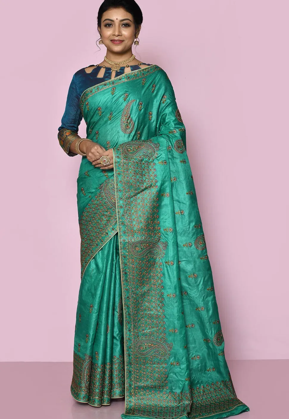 Pure Silk Embroidered Saree in Teal Green