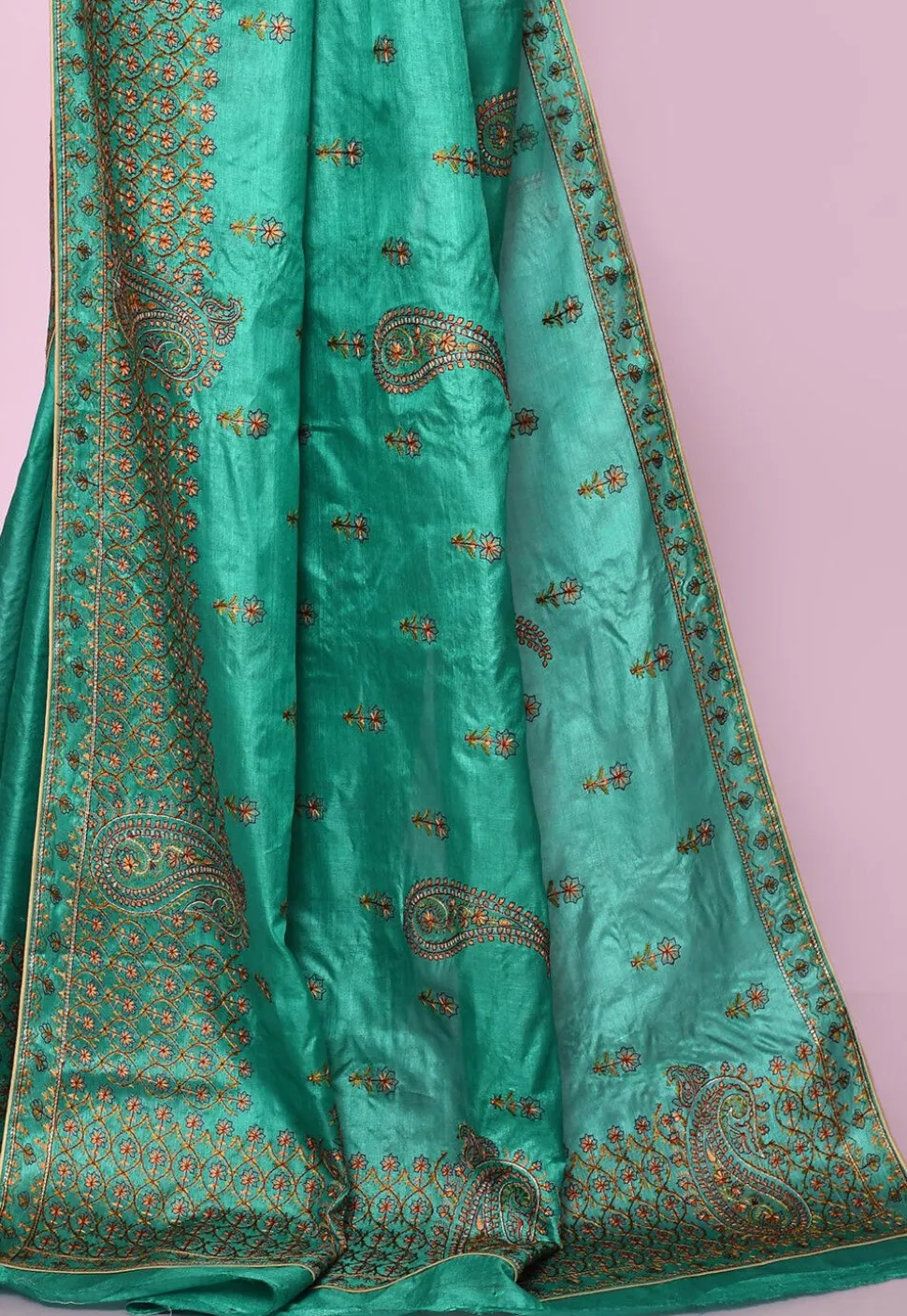 Pure Silk Embroidered Saree in Teal Green