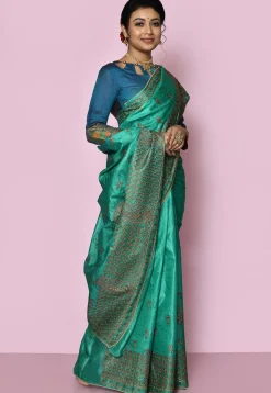 Pure Silk Embroidered Saree in Teal Green