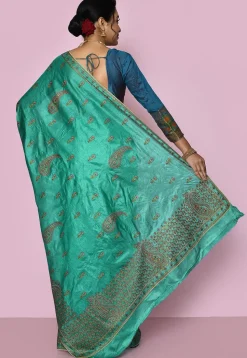 Pure Silk Embroidered Saree in Teal Green
