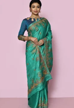 Pure Silk Embroidered Saree in Teal Green
