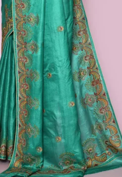 Pure Silk Embroidered Saree in Teal Green