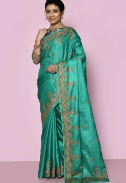 Pure Silk Embroidered Saree in Teal Green