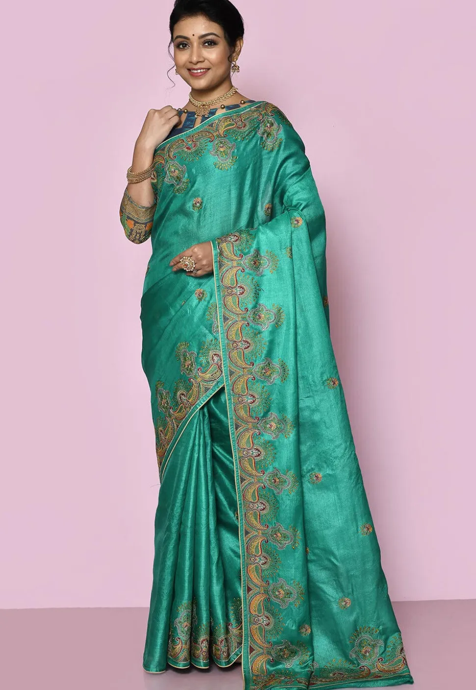 Pure Silk Embroidered Saree in Teal Green