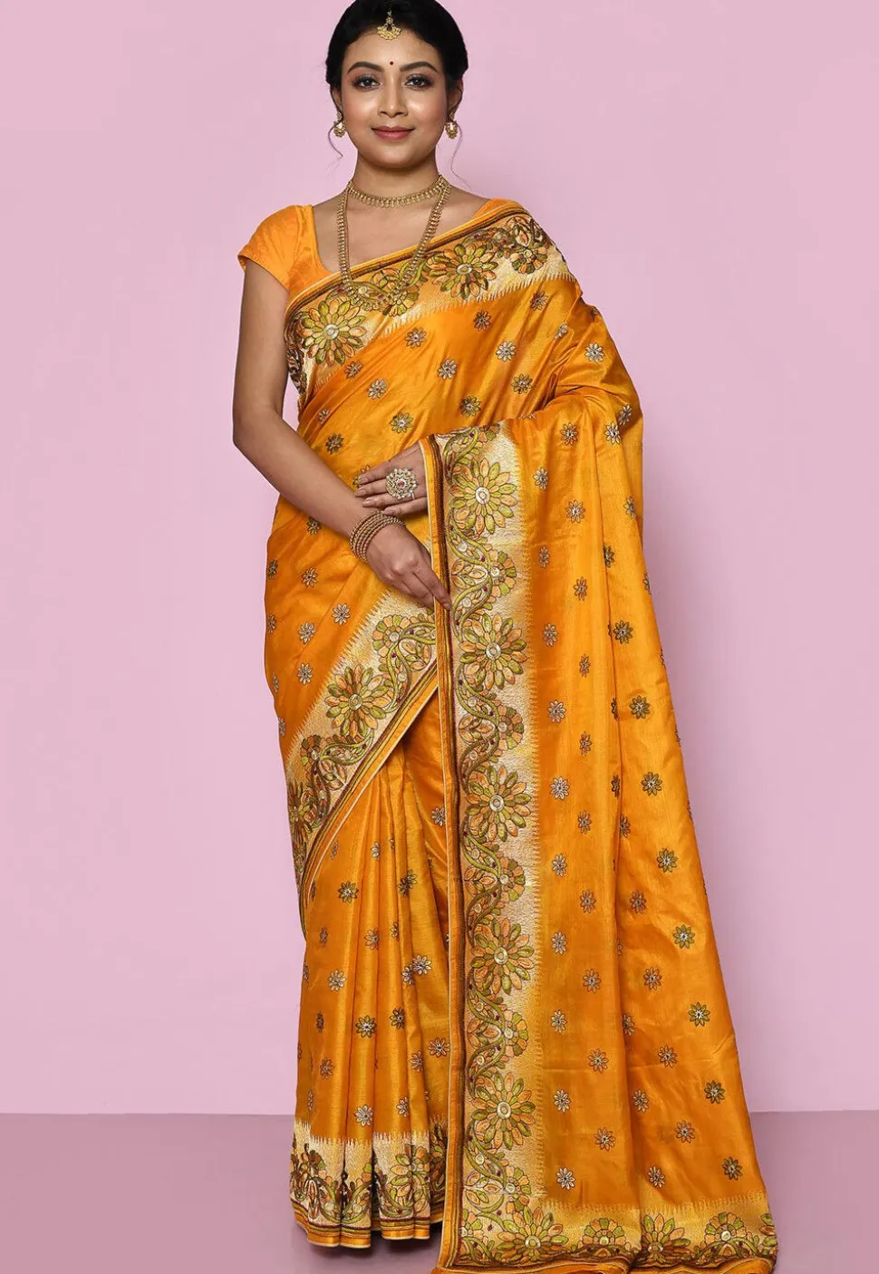 Pure Silk Embroidered Saree in Mustard