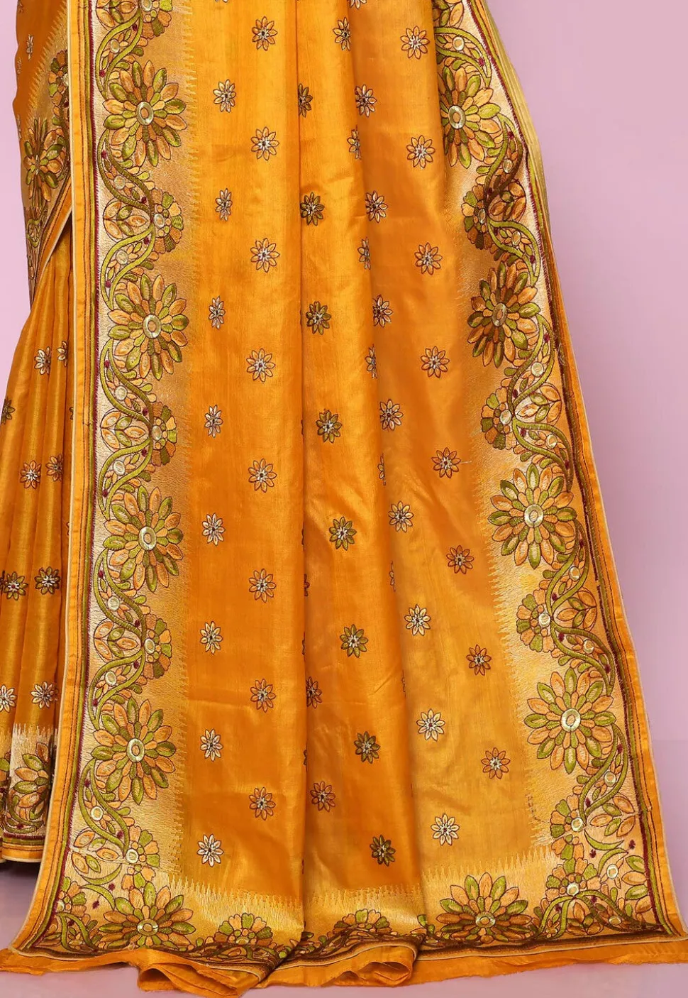 Pure Silk Embroidered Saree in Mustard