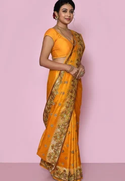 Pure Silk Embroidered Saree in Mustard