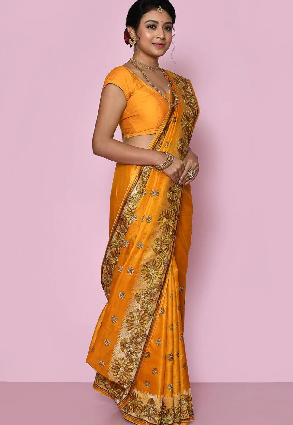 Pure Silk Embroidered Saree in Mustard