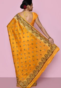 Pure Silk Embroidered Saree in Mustard