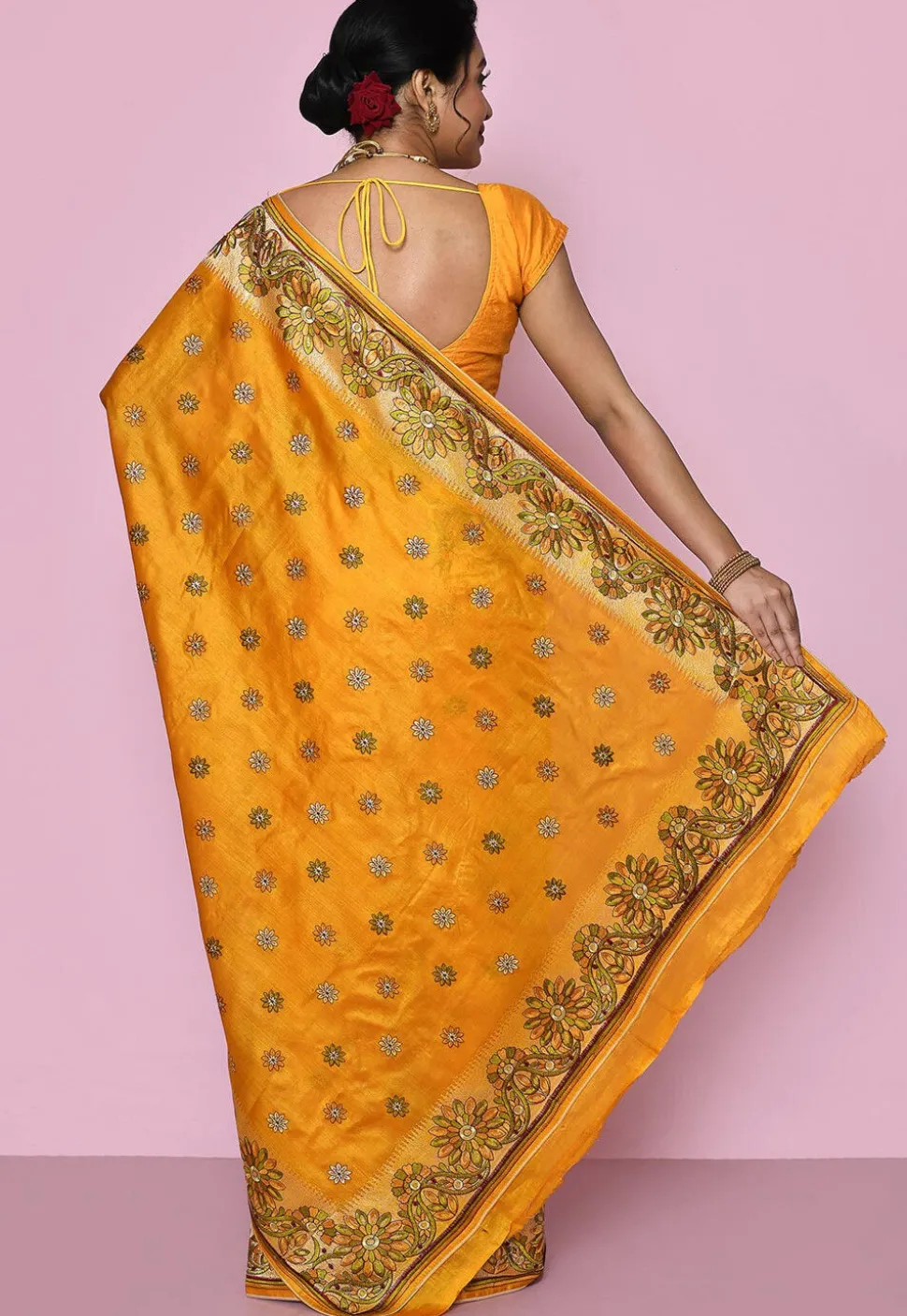 Pure Silk Embroidered Saree in Mustard