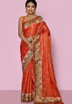 Pure Silk Embroidered Saree in Dark Orange