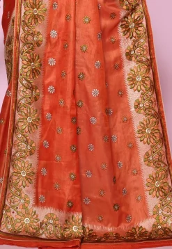 Pure Silk Embroidered Saree in Dark Orange