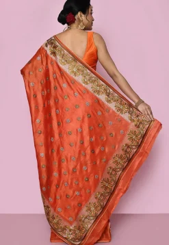 Pure Silk Embroidered Saree in Dark Orange