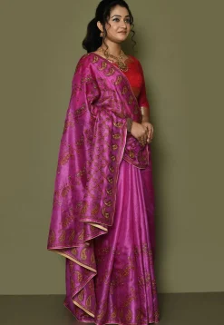 Pure Silk Embroidered Saree in Magenta