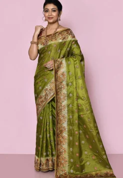 Pure Silk Embroidered Saree in Olive Green