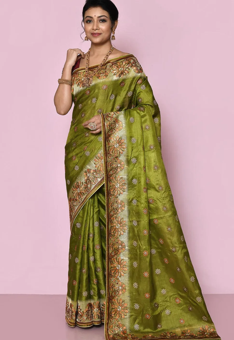 Pure Silk Embroidered Saree in Olive Green