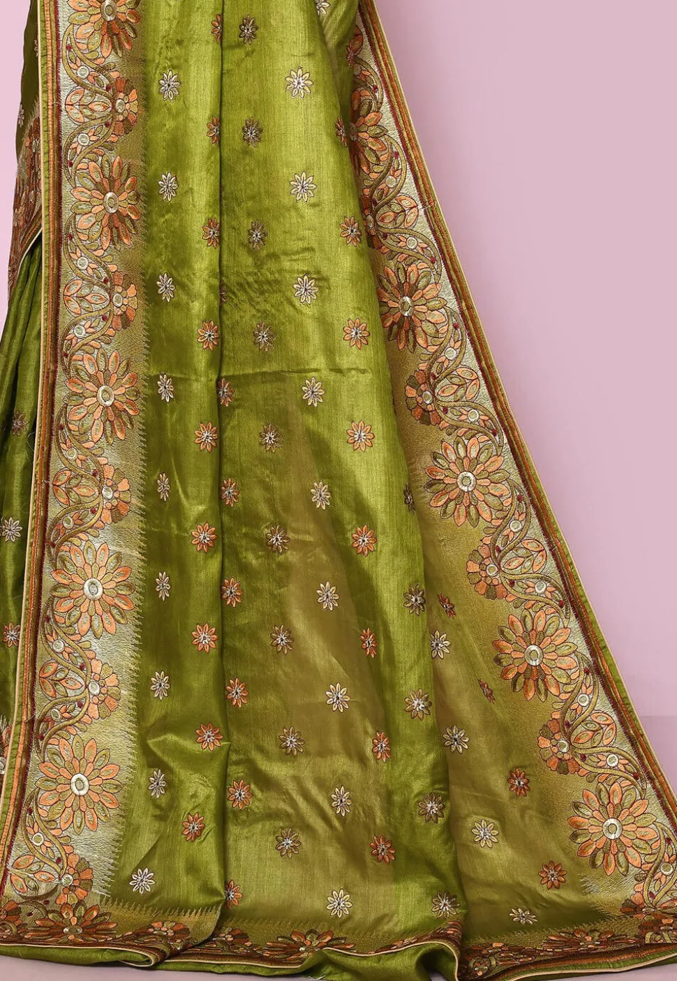 Pure Silk Embroidered Saree in Olive Green