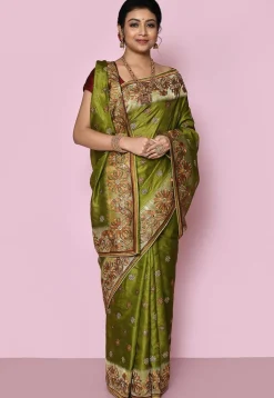 Pure Silk Embroidered Saree in Olive Green