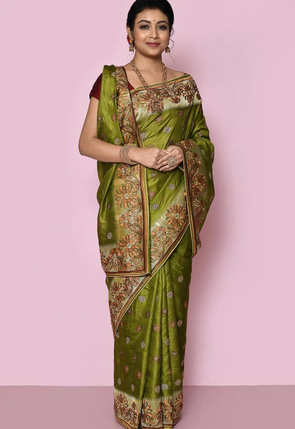 Pure Silk Embroidered Saree in Olive Green