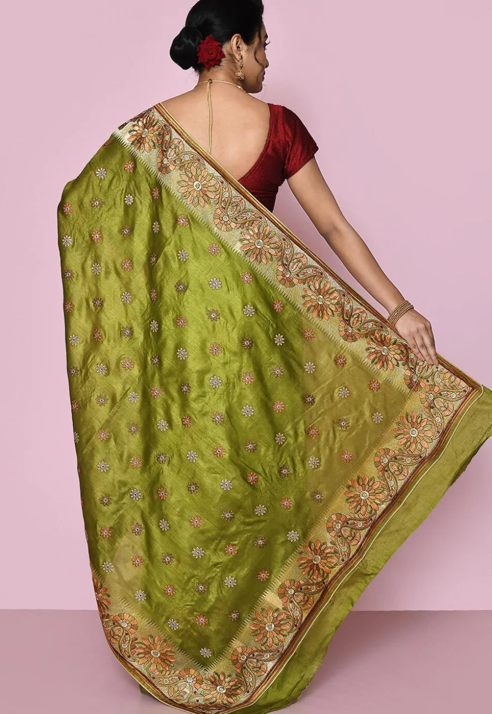 Pure Silk Embroidered Saree in Olive Green