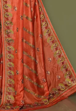 Pure Silk Embroidered Saree in Orange