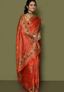 Pure Silk Embroidered Saree in Orange