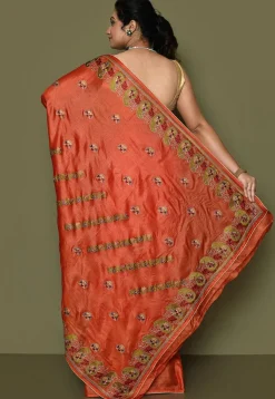 Pure Silk Embroidered Saree in Orange