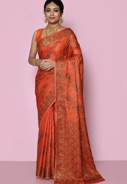 Pure Silk Embroidered Saree in Orange