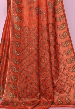 Pure Silk Embroidered Saree in Orange