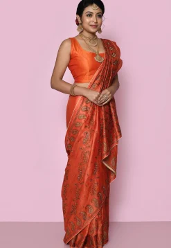 Pure Silk Embroidered Saree in Orange
