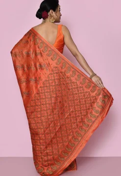 Pure Silk Embroidered Saree in Orange