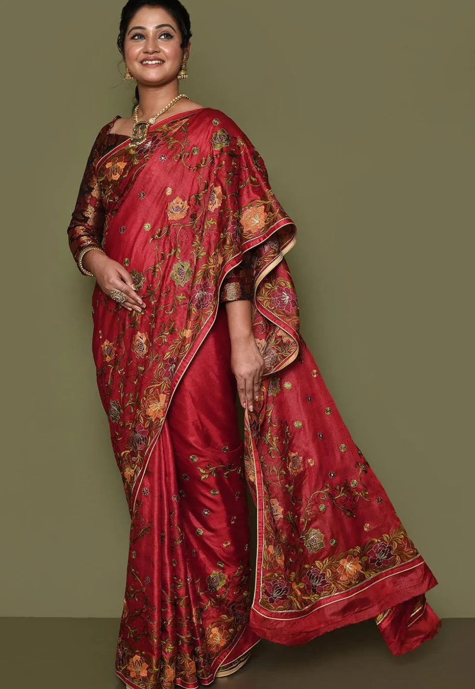 Pure Silk Embroidered Saree in Red