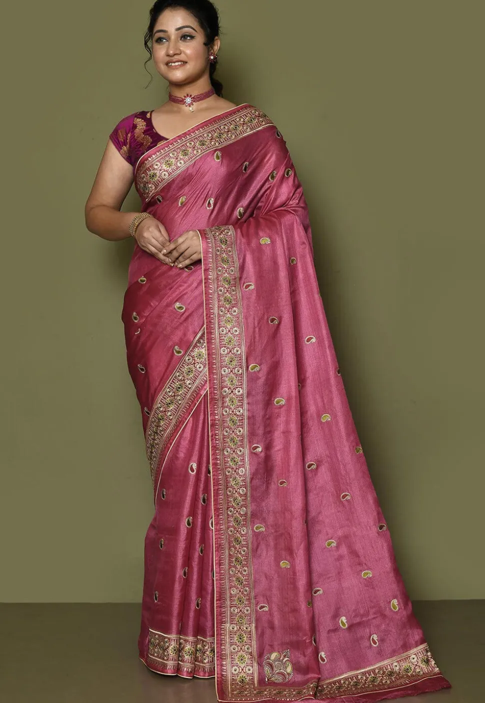 Pure Silk Embroidered Saree in Pink