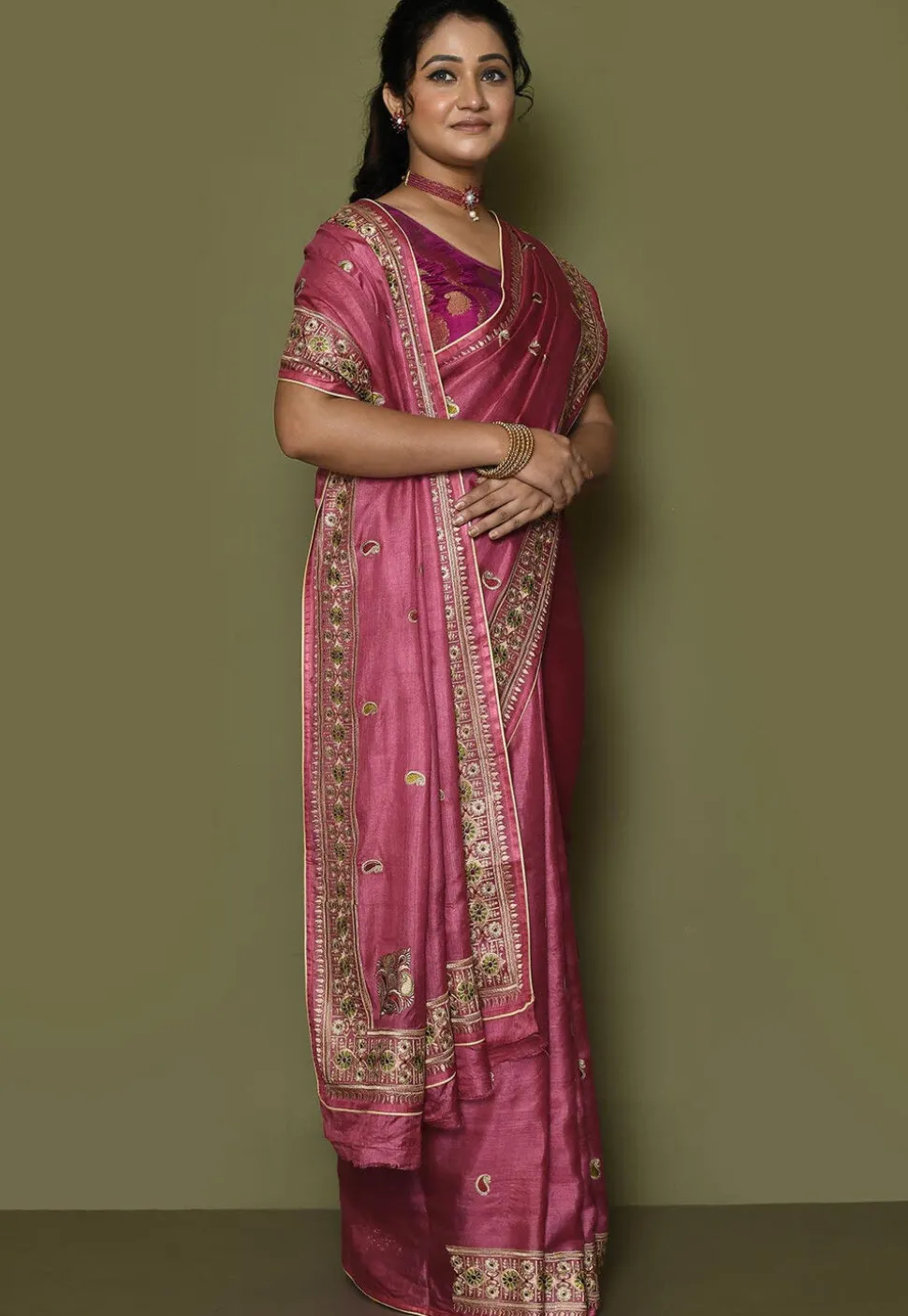 Pure Silk Embroidered Saree in Pink