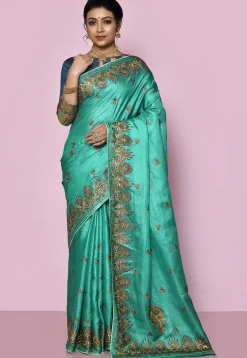 Pure Silk Embroidered Saree in Teal Green