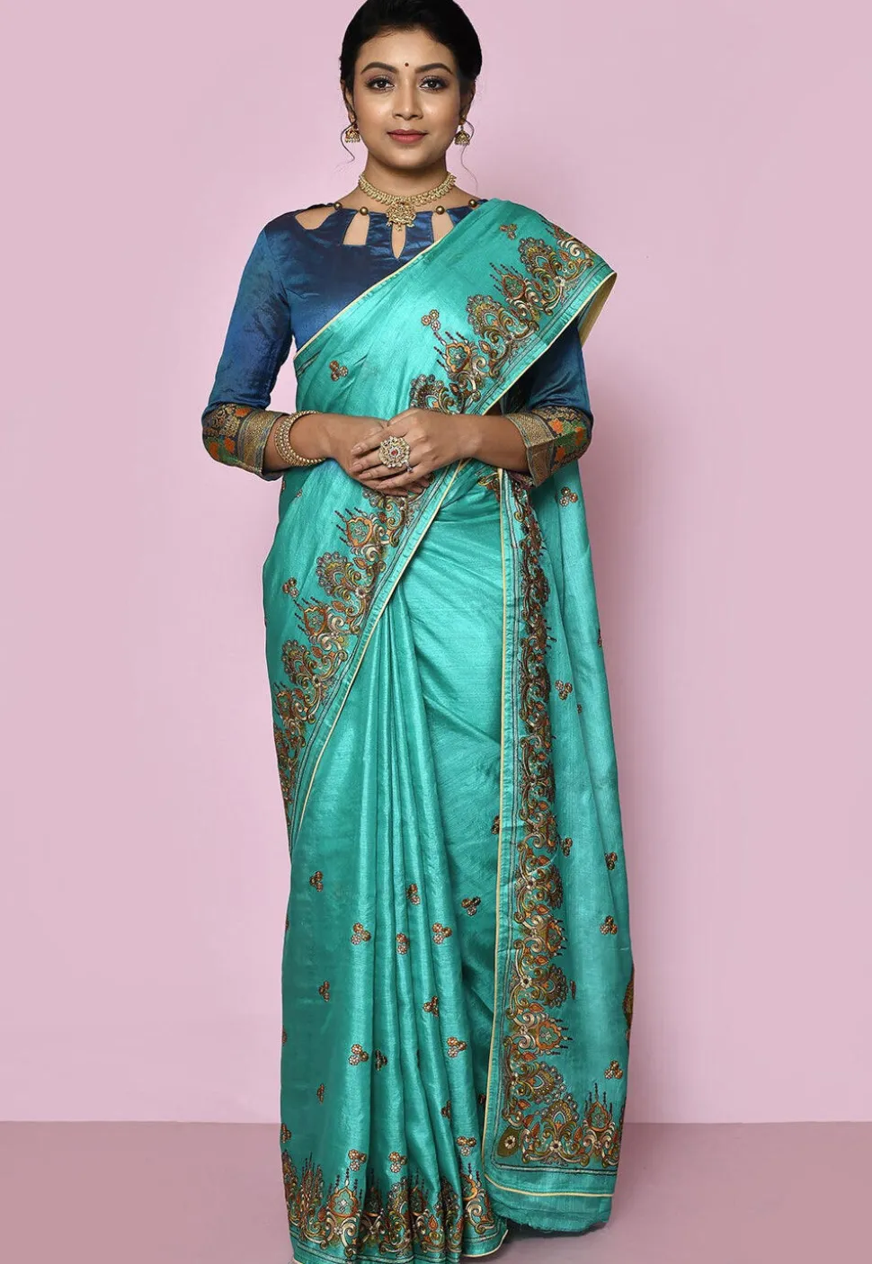 Pure Silk Embroidered Saree in Teal Green