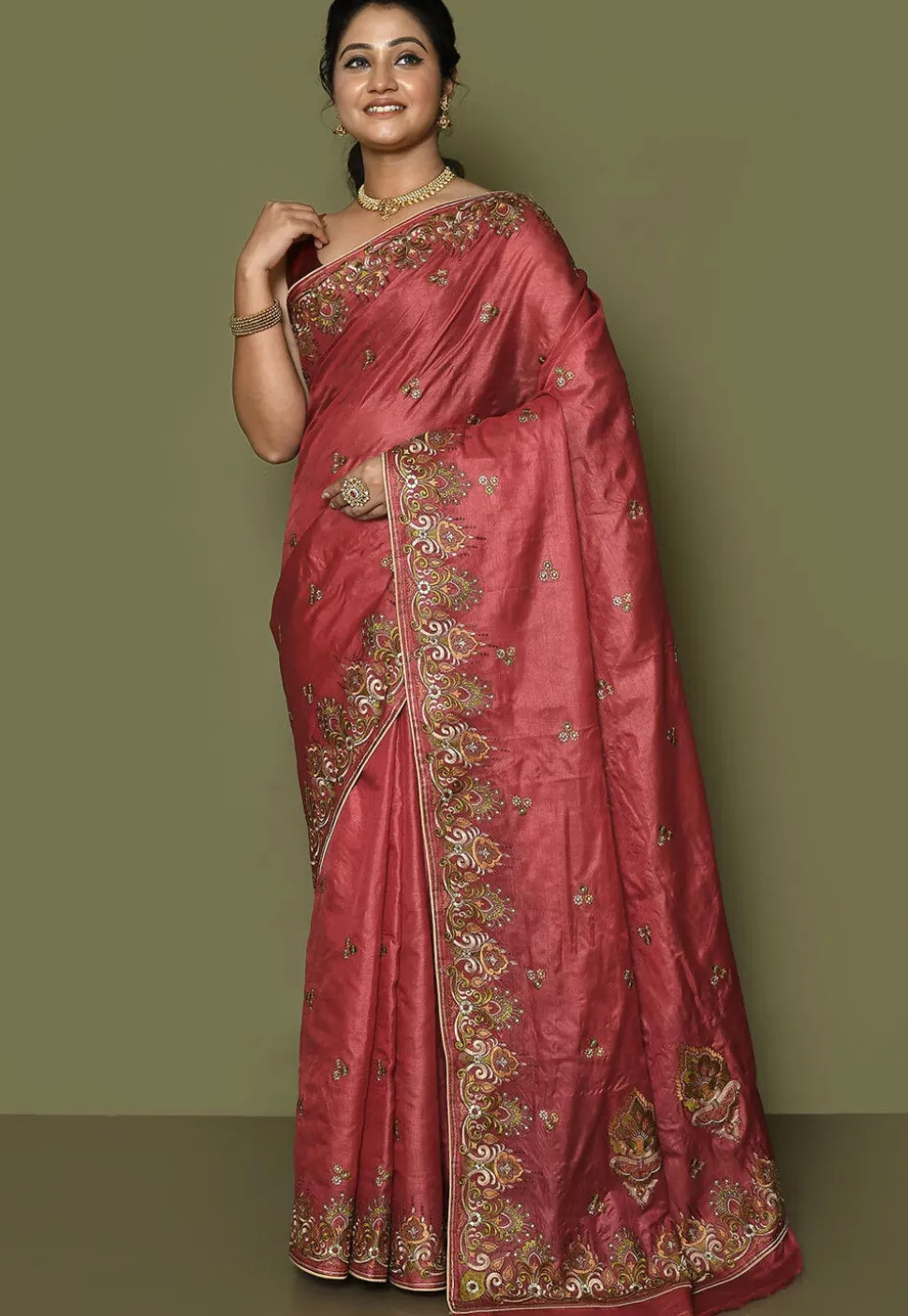 Pure Silk Embroidered Saree in Coral Pink