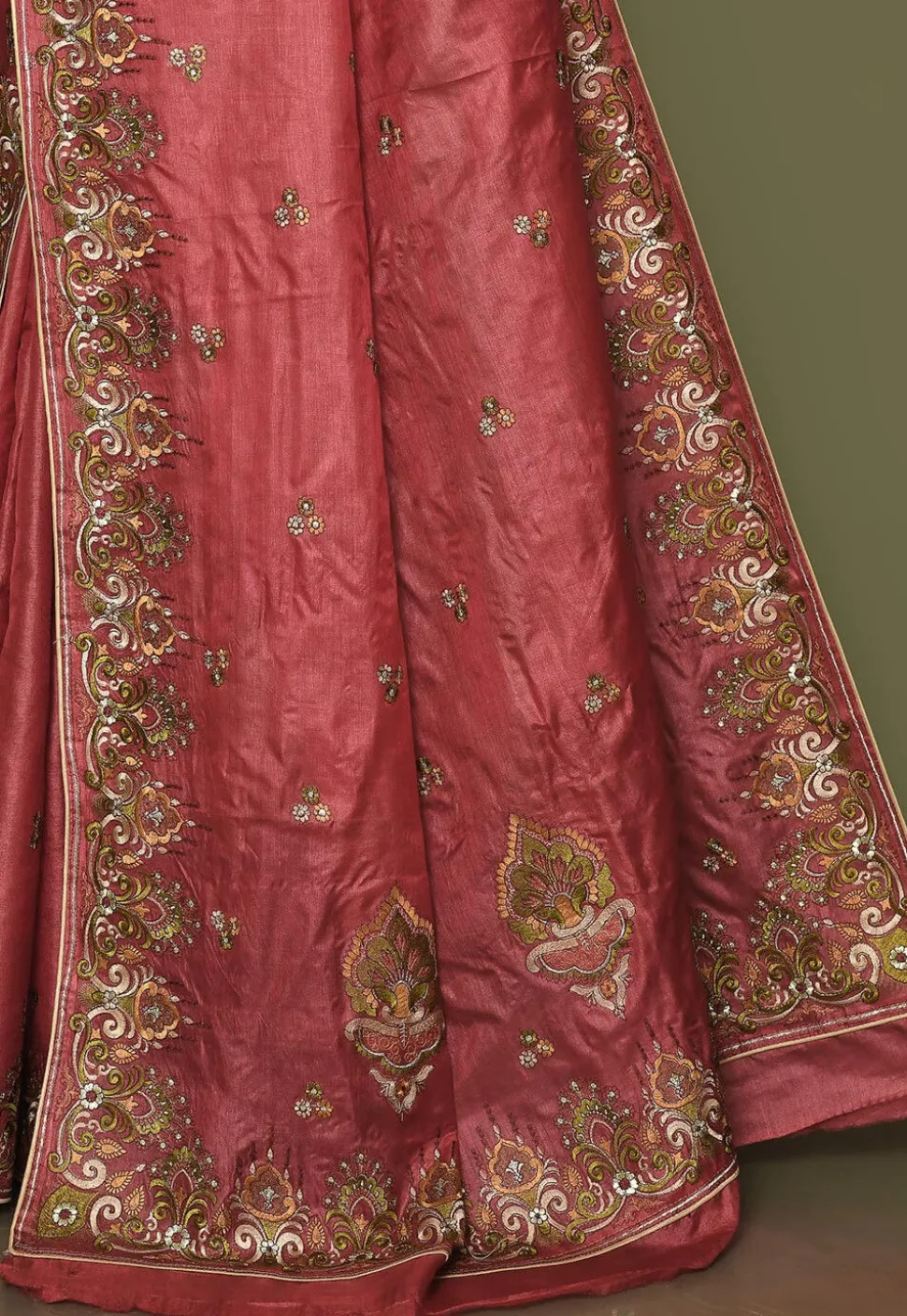 Pure Silk Embroidered Saree in Coral Pink