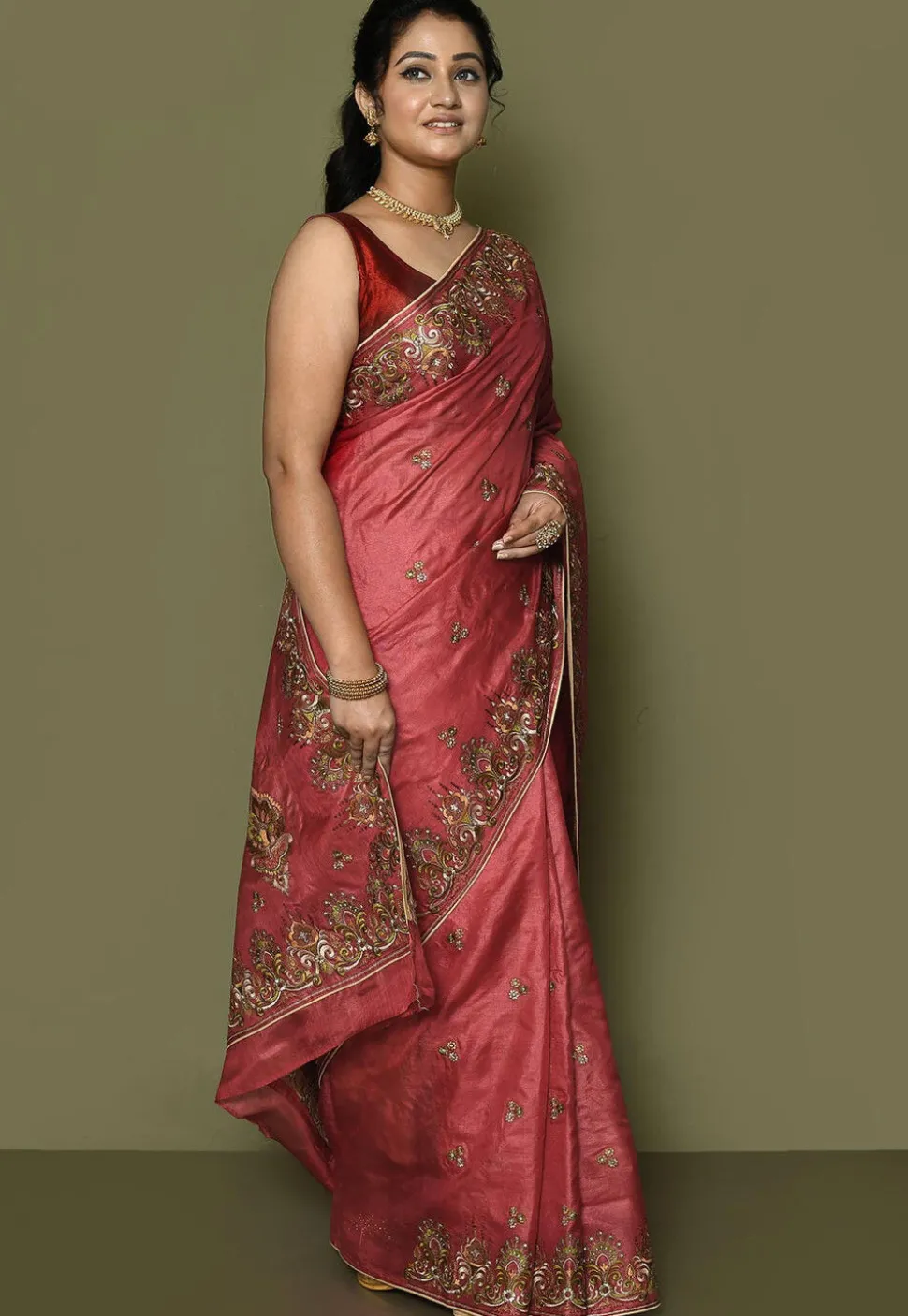 Pure Silk Embroidered Saree in Coral Pink