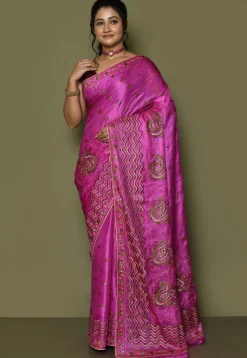 Pure Silk Embroidered Saree in Magenta