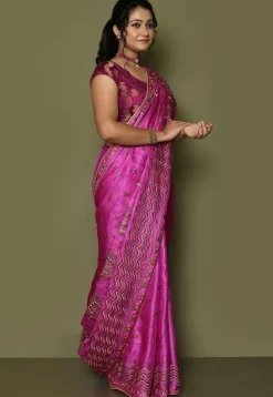 Pure Silk Embroidered Saree in Magenta