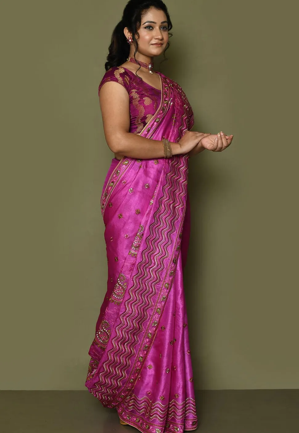 Pure Silk Embroidered Saree in Magenta
