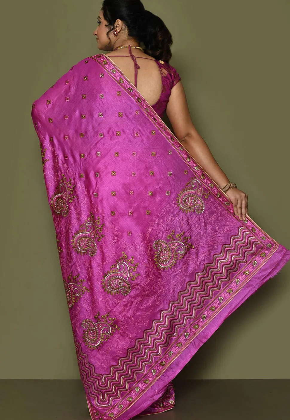 Pure Silk Embroidered Saree in Magenta