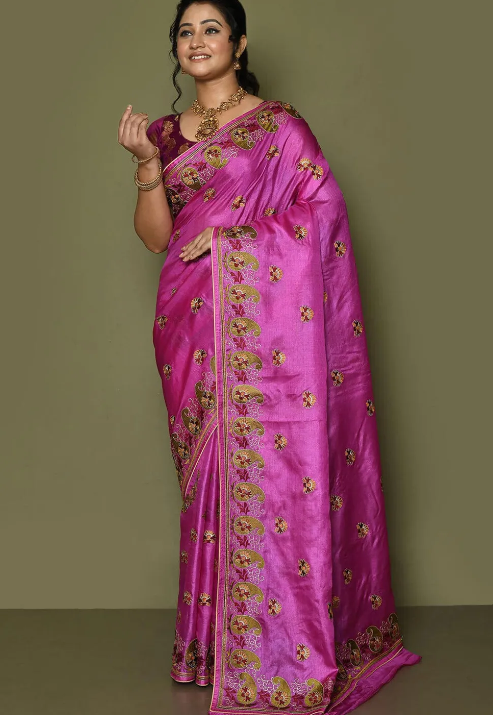 Pure Silk Embroidered Saree in Magenta