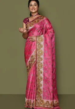 Pure Silk Embroidered Saree in Pink