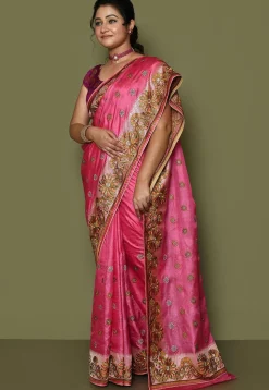 Pure Silk Embroidered Saree in Pink