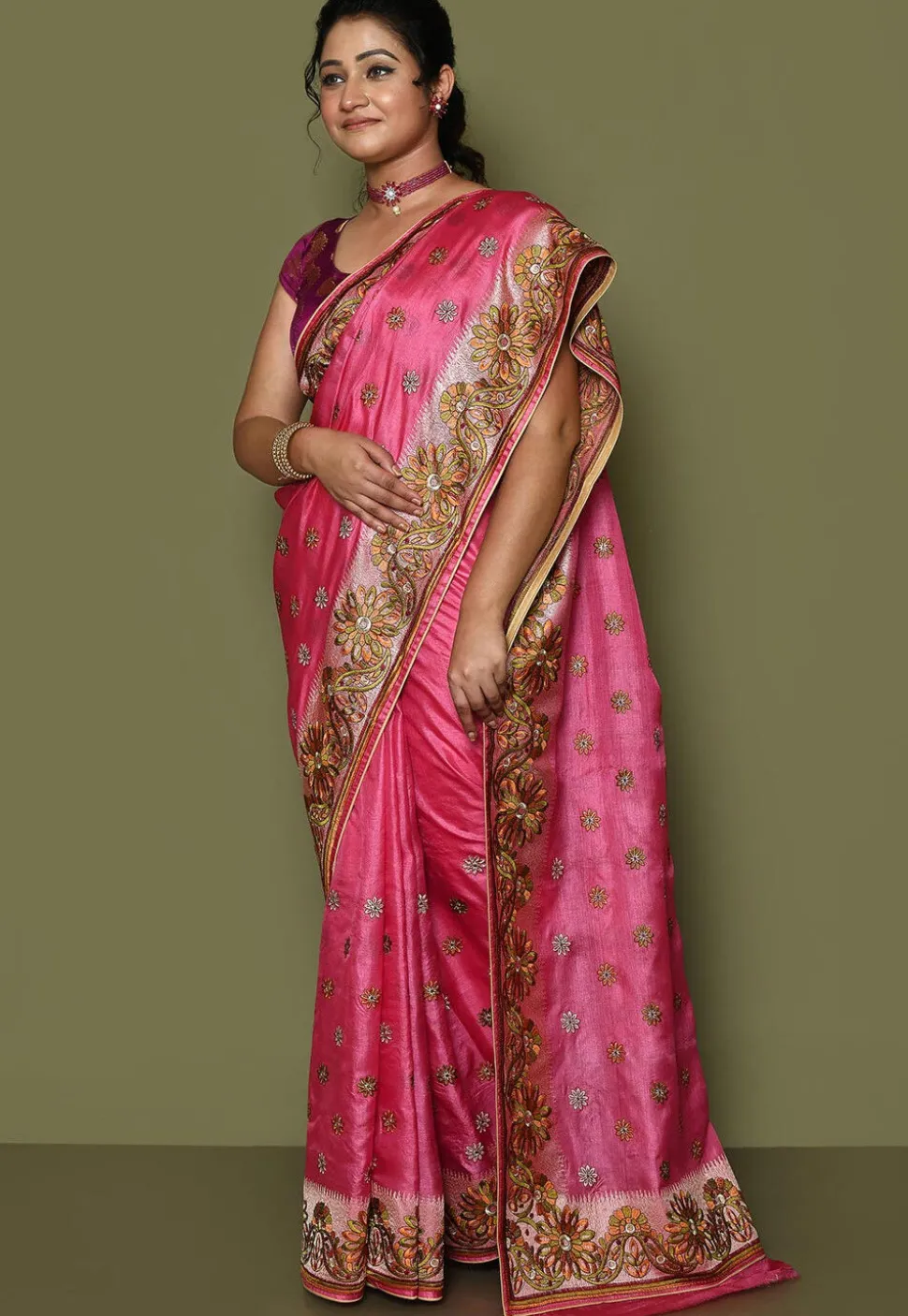 Pure Silk Embroidered Saree in Pink