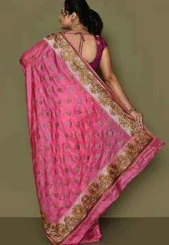 Pure Silk Embroidered Saree in Pink