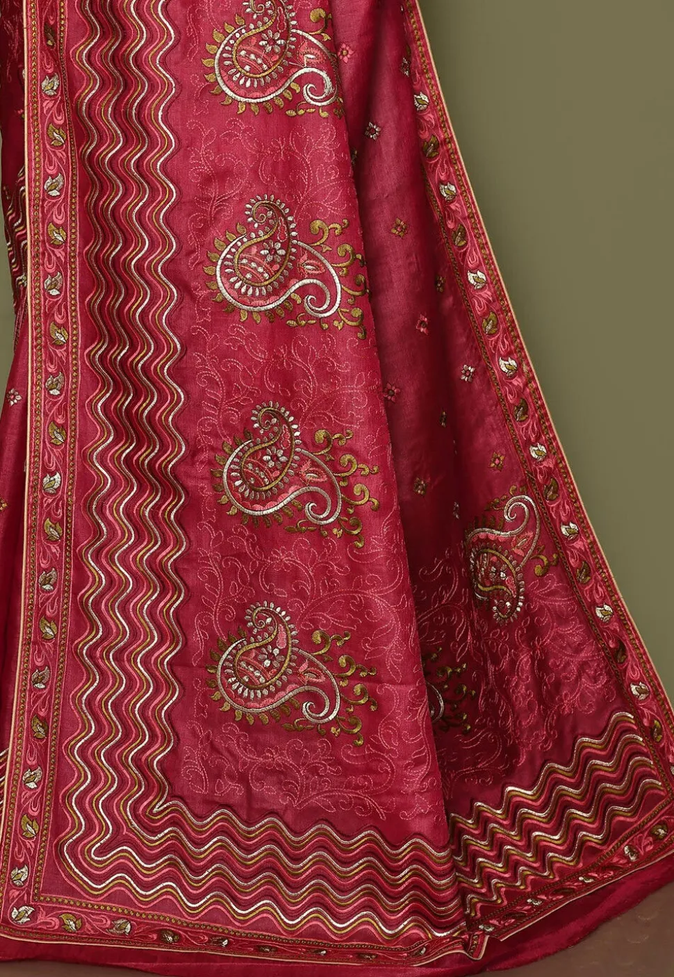 Pure Silk Embroidered Saree in Coral Red