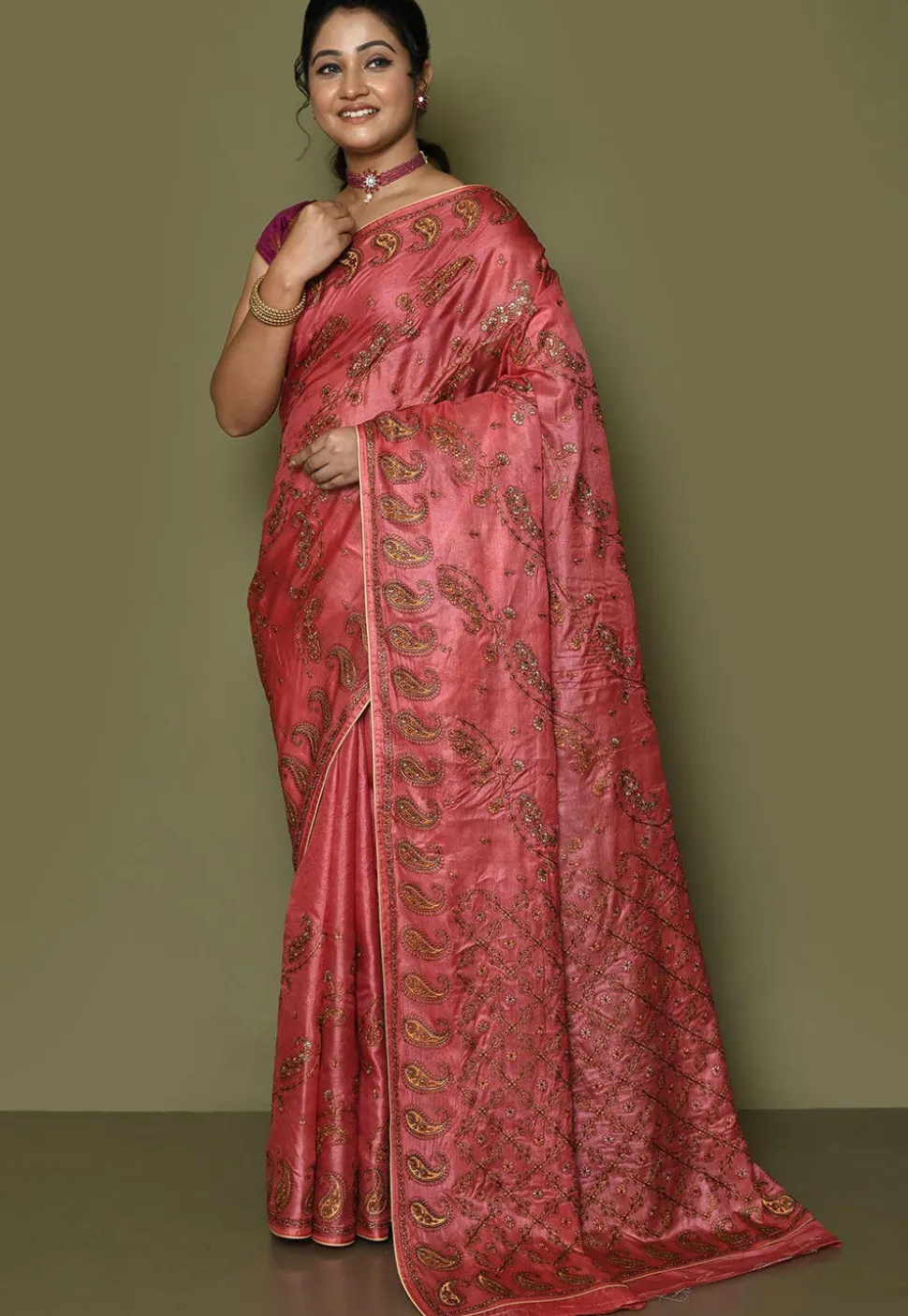 Pure Silk Embroidered Saree in Coral Pink